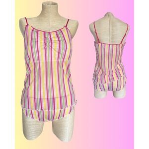 VTG Y2K Xhileration Cami Tank & Boy Short Panty Set- Pink Striped Sheer Fits XL‎